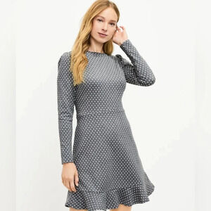 LOFT Gray Polka Dot Long-Sleeve Ruffle-Hem Dress